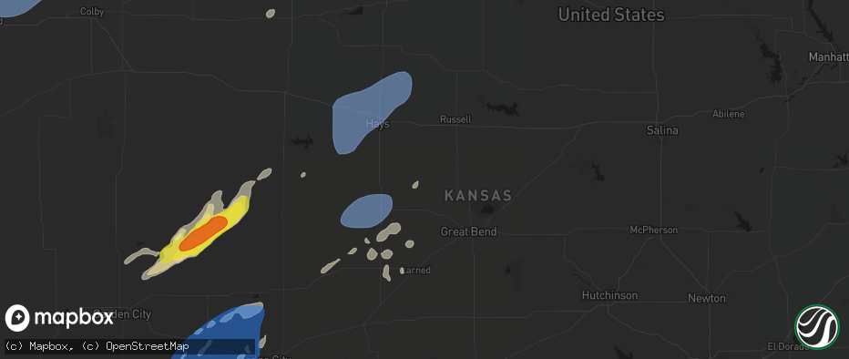 Hail map in Otis, KS on June 9, 2026