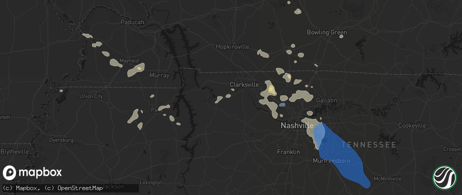 Hail map in Palmyra, TN on June 9, 2026