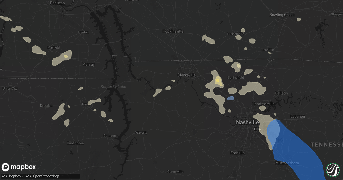Hail map in Palmyra, TN on June 9, 2026