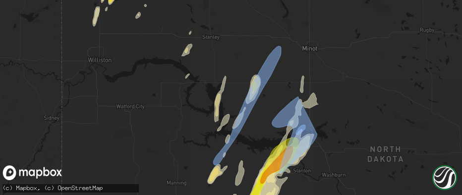 Hail map in Parshall, ND on June 9, 2026