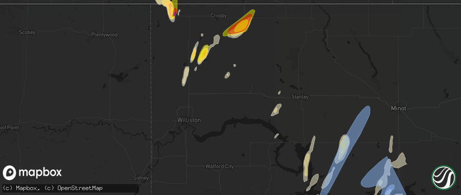 Hail map in Ray, ND on June 9, 2026