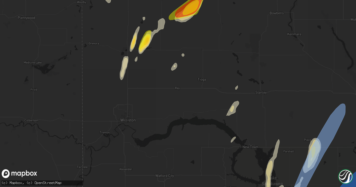 Hail map in Ray, ND on June 9, 2026