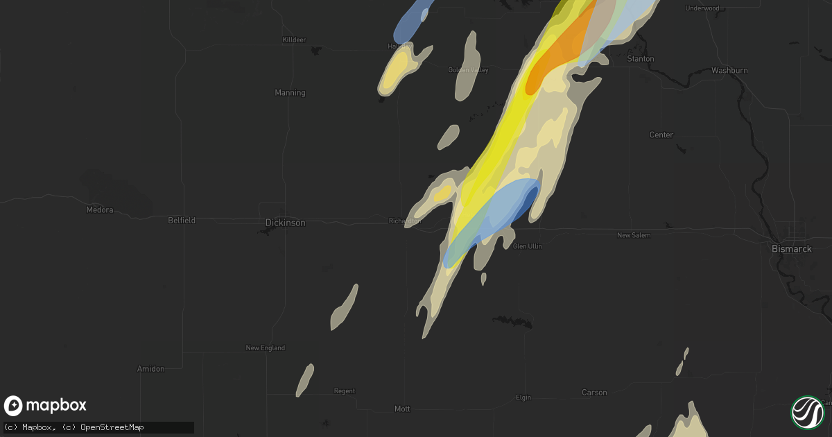 Hail map in Richardton, ND on June 9, 2026