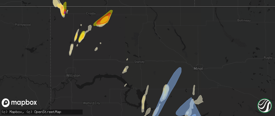 Hail map in Stanley, ND on June 9, 2026