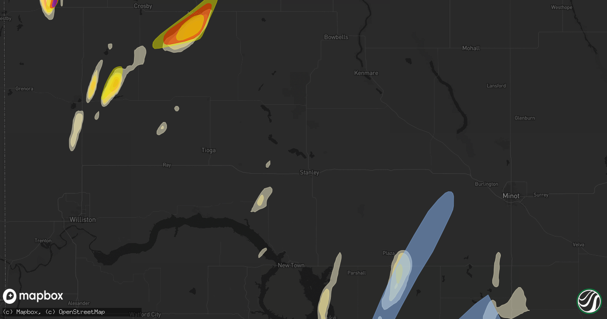 Hail map in Stanley, ND on June 9, 2026