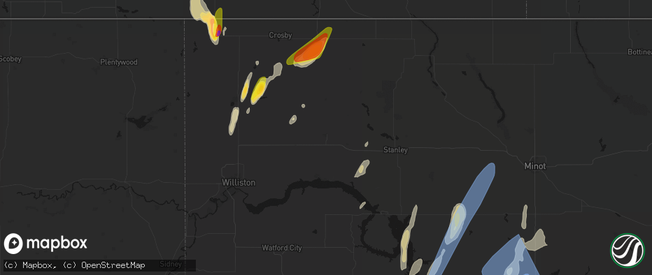 Hail map in Tioga, ND on June 9, 2026
