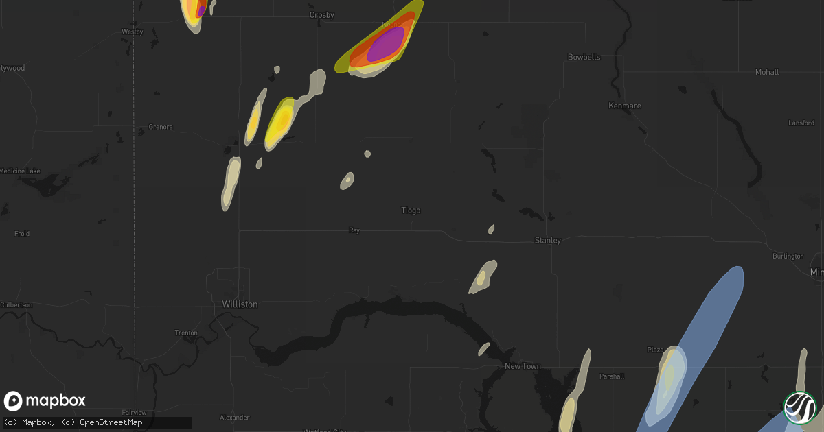 Hail map in Tioga, ND on June 9, 2026