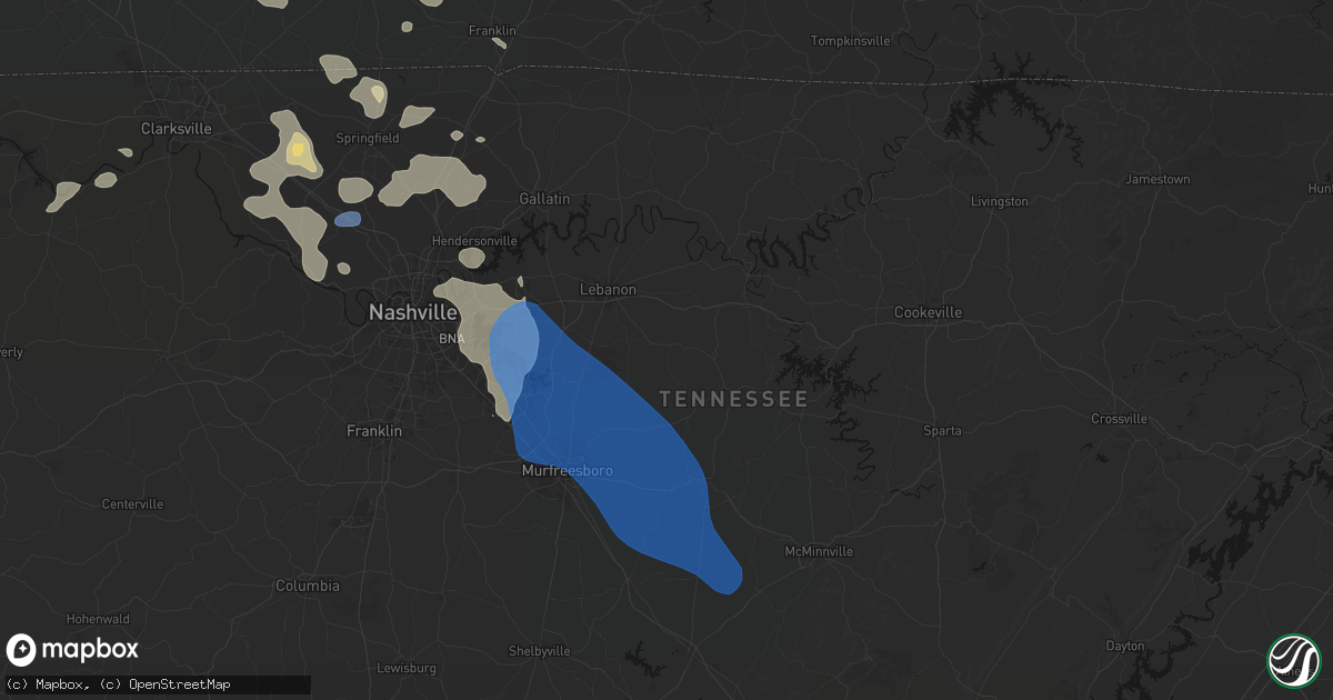 Hail map in Watertown, TN on June 9, 2026