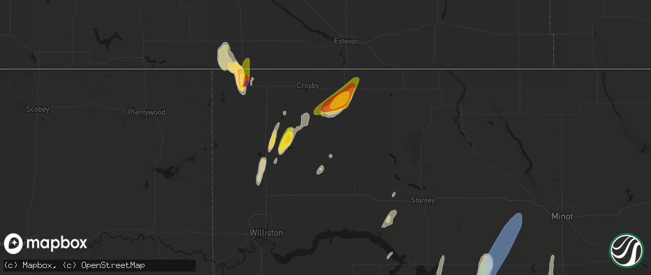 Hail map in Wildrose, ND on June 9, 2026
