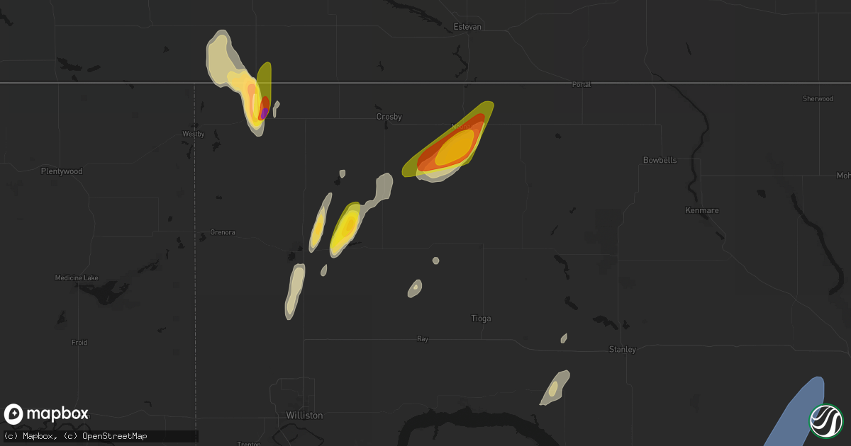 Hail map in Wildrose, ND on June 9, 2026