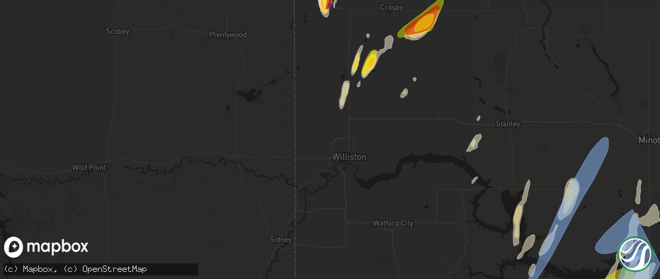 Hail map in Williston, ND on June 9, 2026