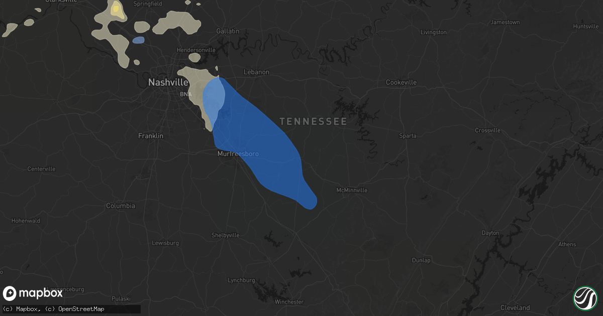 Hail map in Woodbury, TN on June 9, 2026