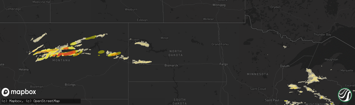 Hail map in North Dakota on June 10, 2016