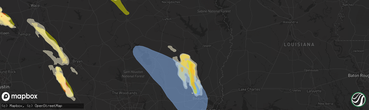 Hail map in Woodville, TX on June 10, 2023