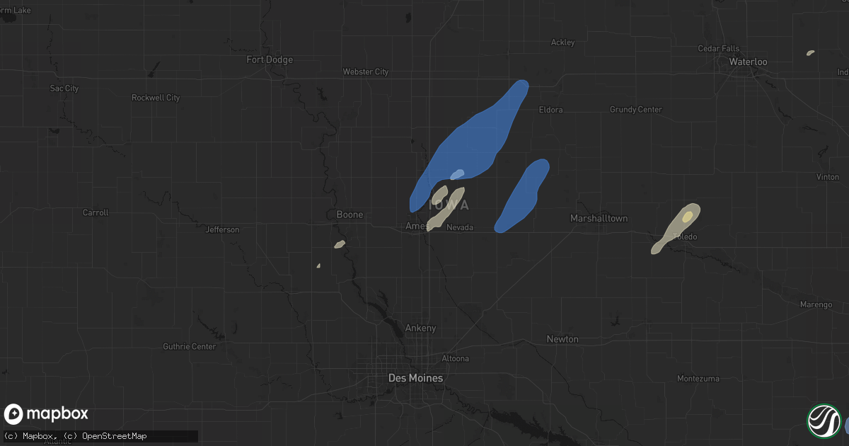 Hail map in Ames, IA on June 10, 2026