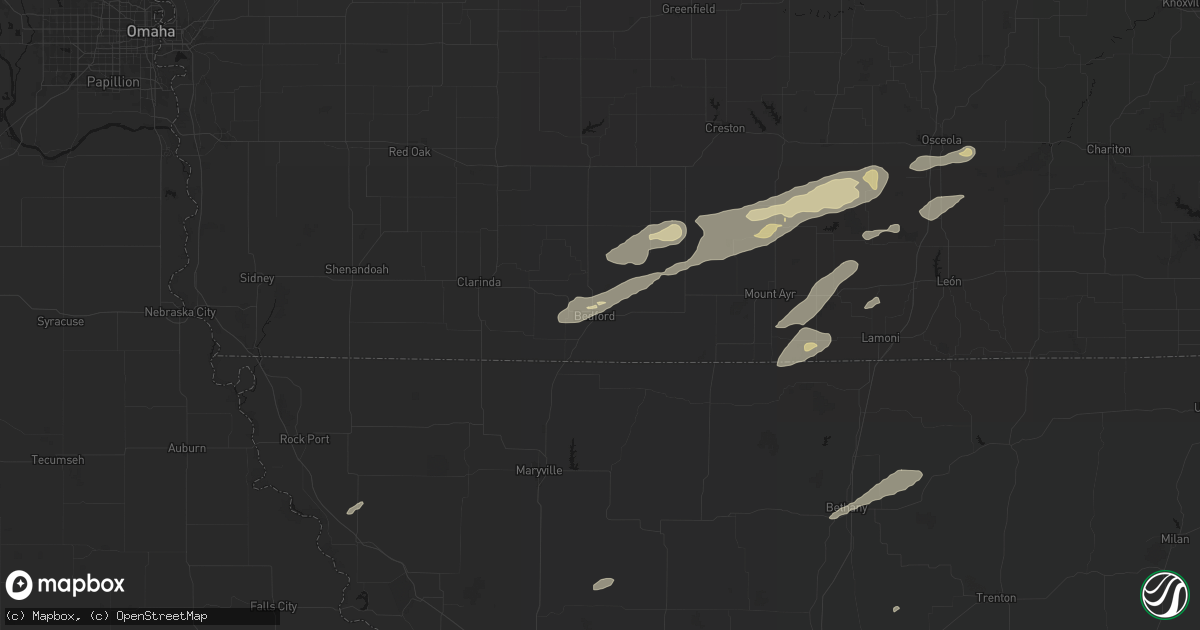 Hail map in Bedford, IA on June 10, 2026