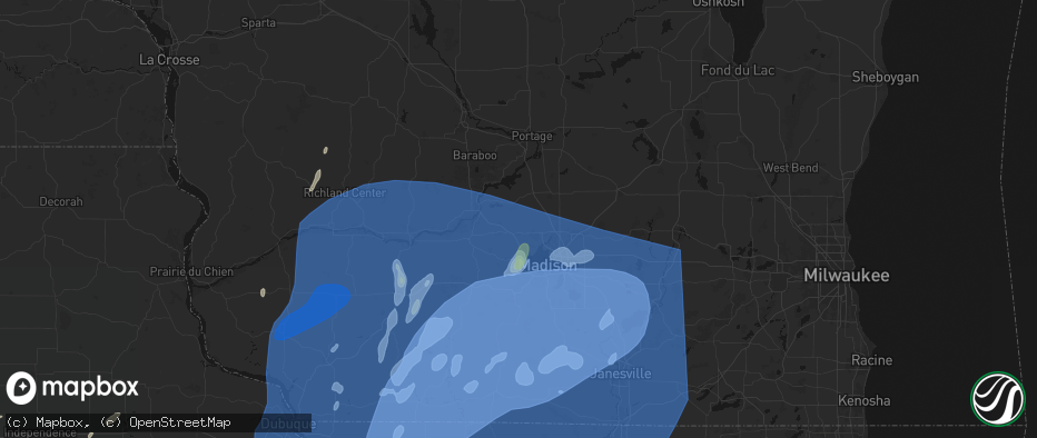 Hail map in Dane, WI on June 10, 2026