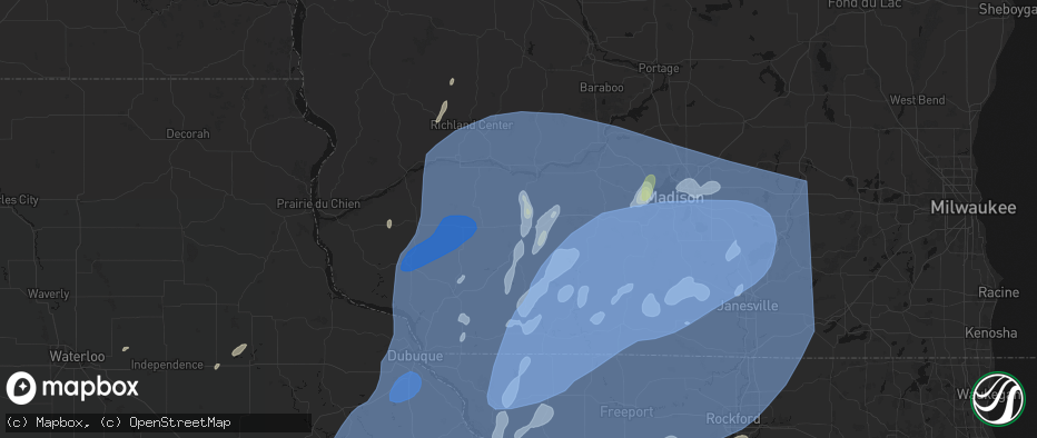 Hail map in Dodgeville, WI on June 10, 2026