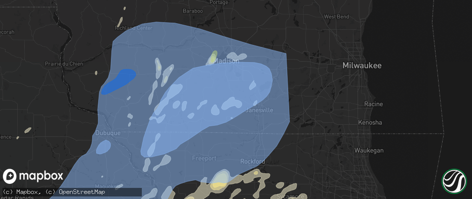 Hail map in Evansville, WI on June 10, 2026