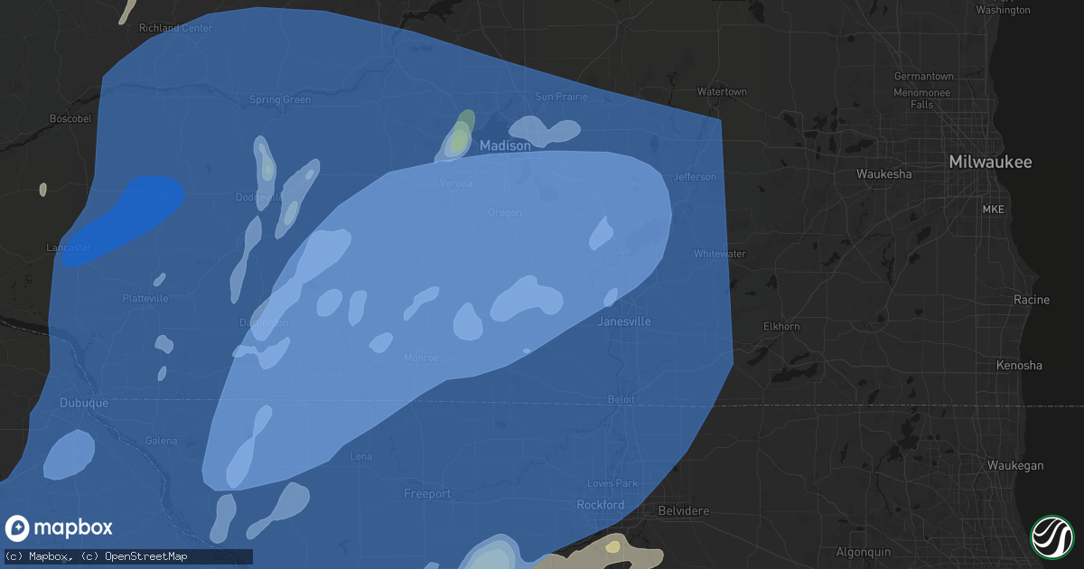 Hail map in Evansville, WI on June 10, 2026