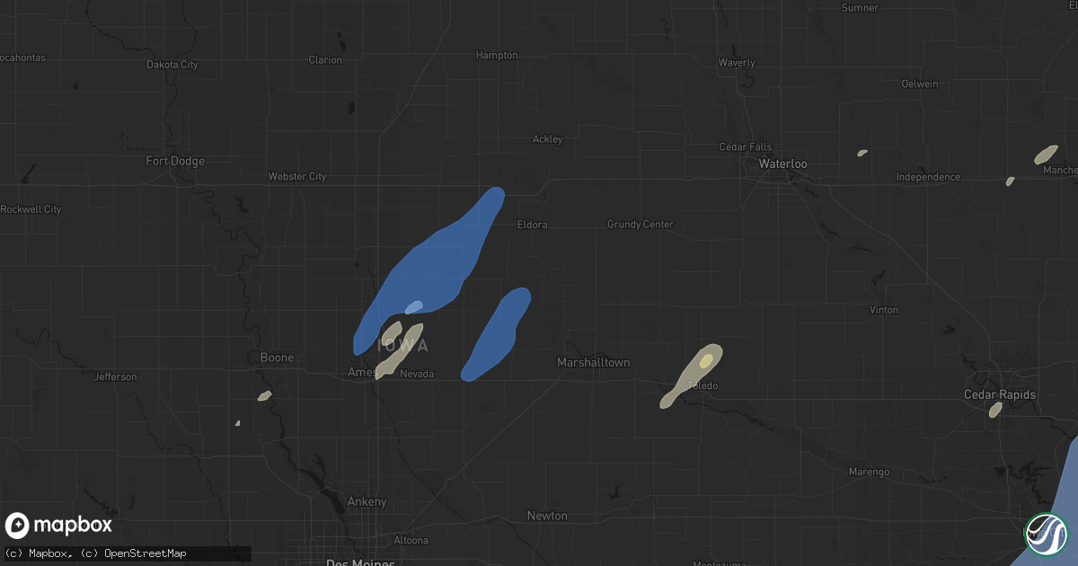 Hail map in Union, IA on June 10, 2026