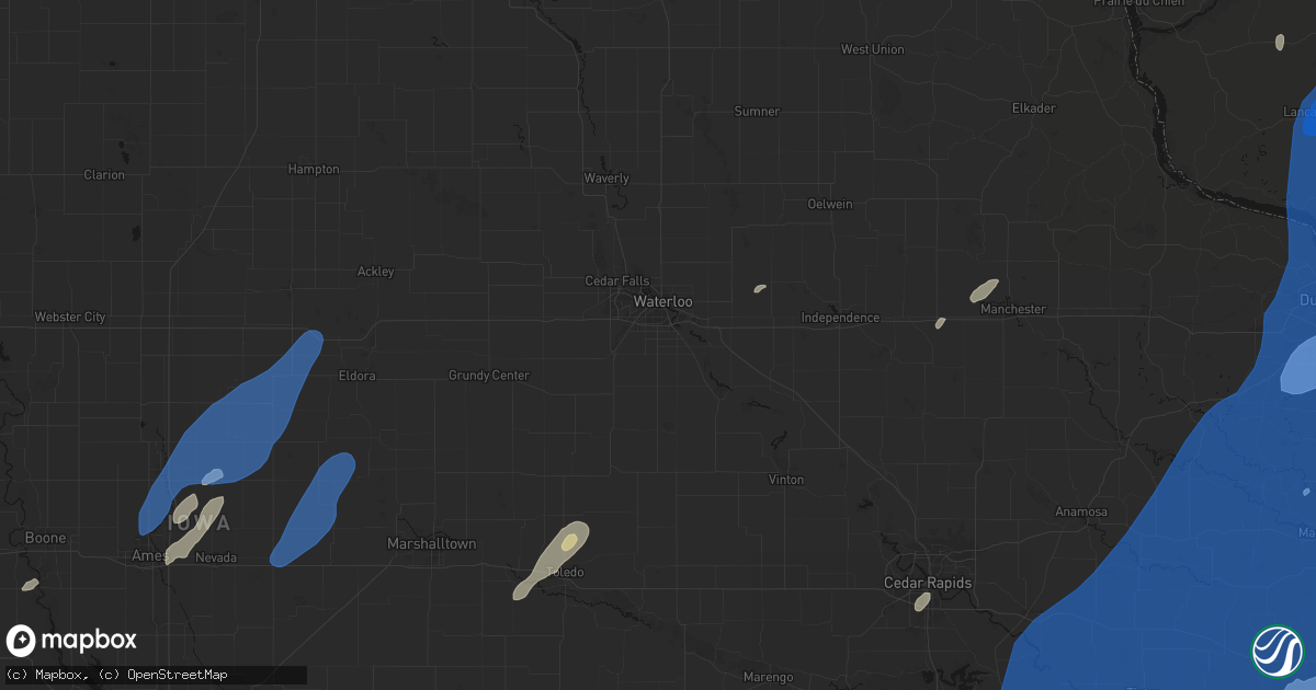 Hail map in Waterloo, IA on June 10, 2026
