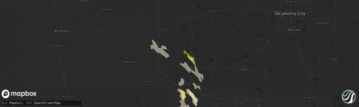 Hail map in Mangum, OK on June 11, 2019