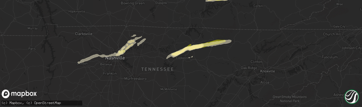 Hail map in Cookeville, TN on June 11, 2023