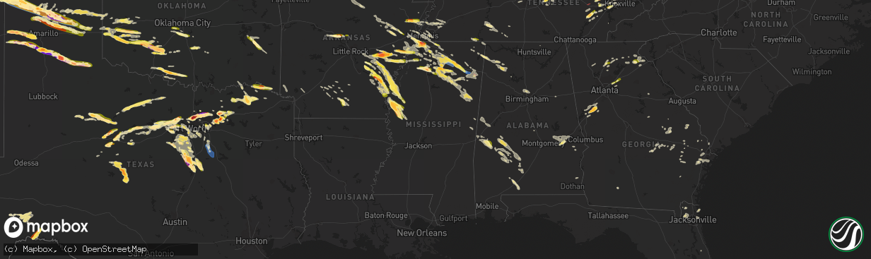 Hail map in Mississippi on June 11, 2023