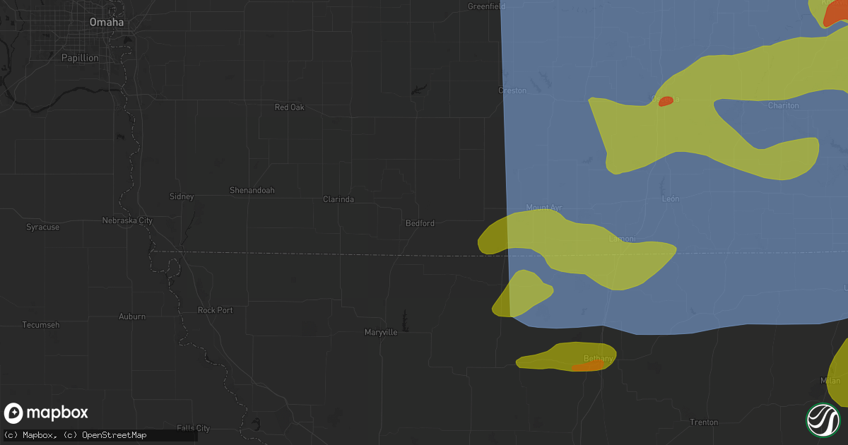 Hail map in Bedford, IA on June 11, 2026