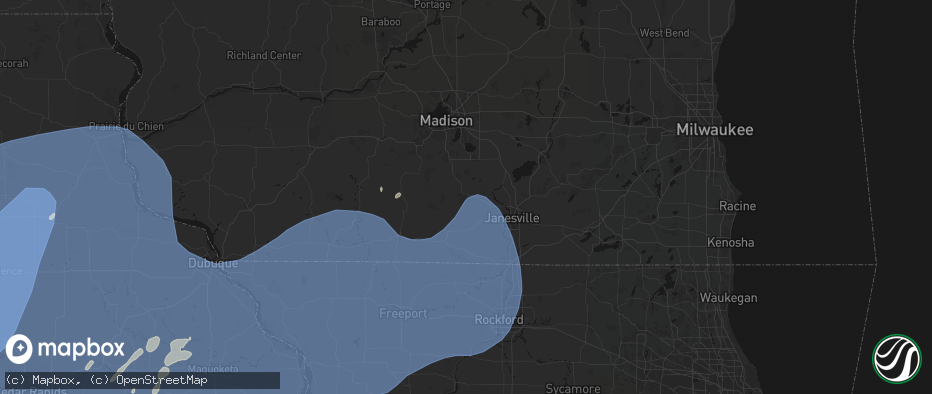 Hail map in Evansville, WI on June 11, 2026