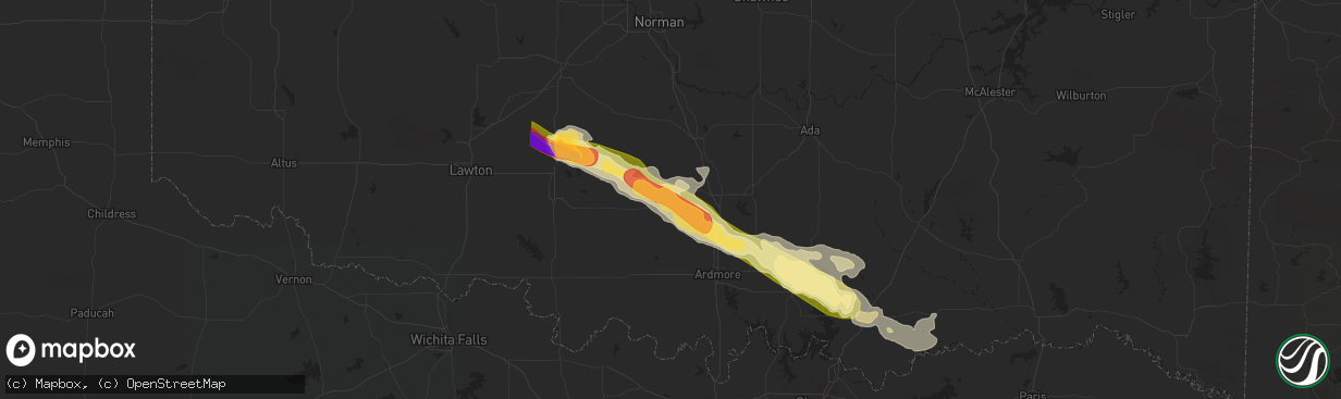 Hail map in Hennepin, OK on June 12, 2023
