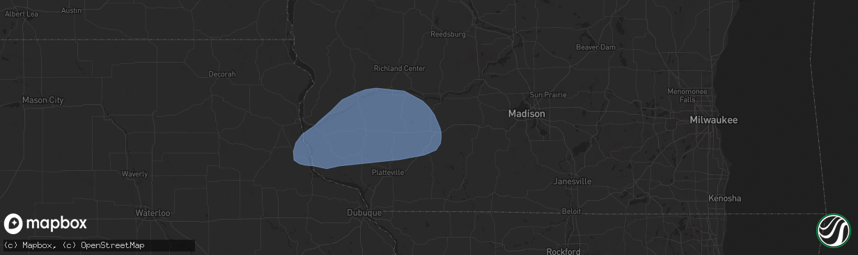 Hail map in Dodgeville, WI on June 12, 2024