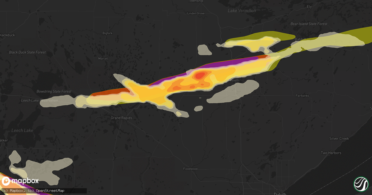 Hail map in Hibbing, MN on June 12, 2024