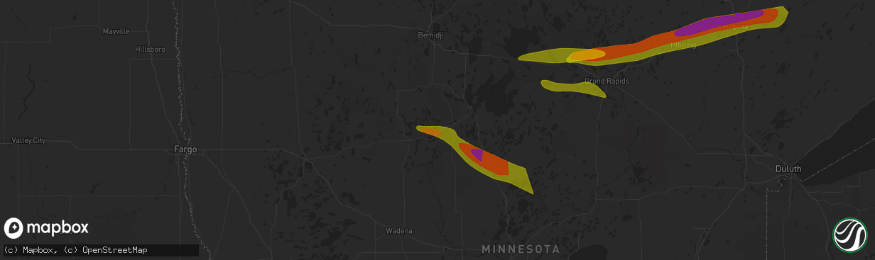 Hail map in Nevis, MN on June 12, 2024