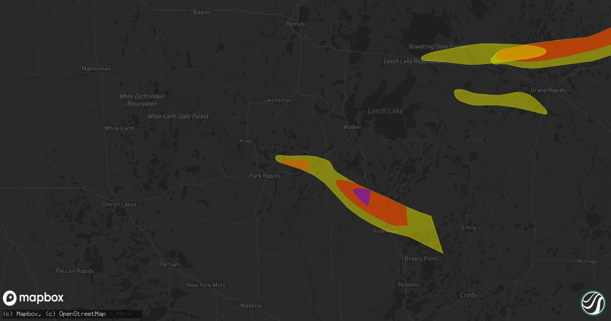 Hail map in Nevis, MN on June 12, 2024