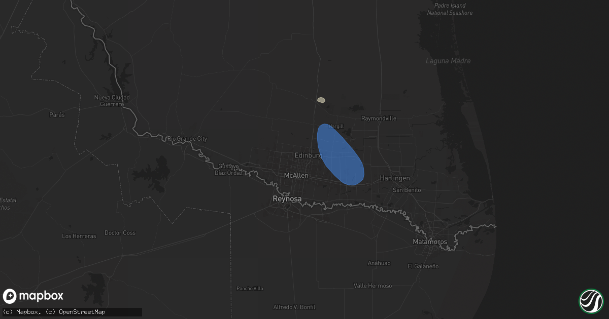 Hail map in Edinburg, TX on June 12, 2025