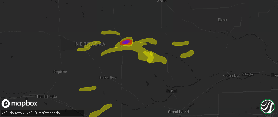 Hail map in Elyria, NE on June 12, 2026