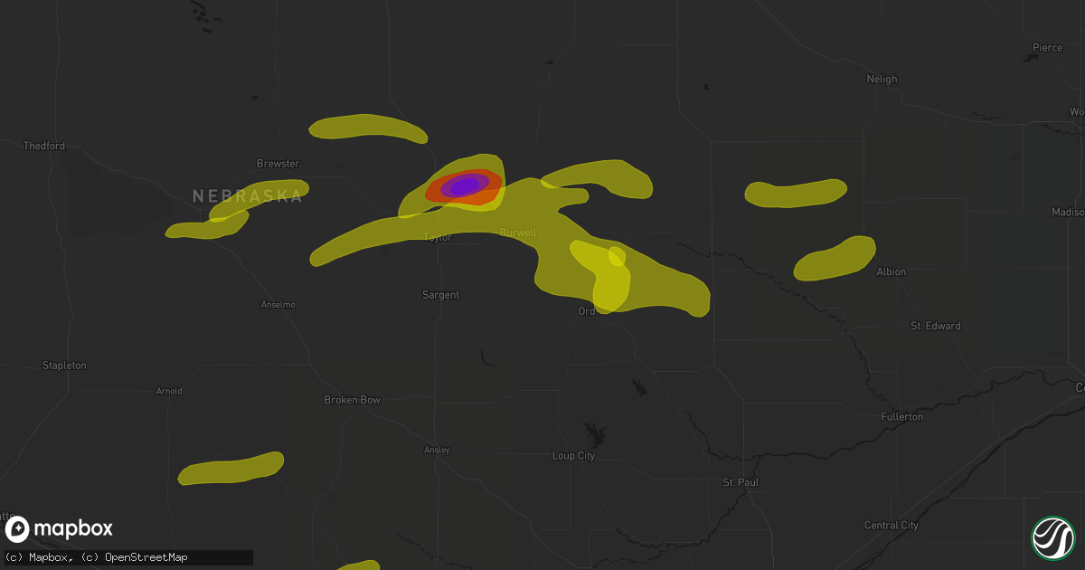 Hail map in Elyria, NE on June 12, 2026