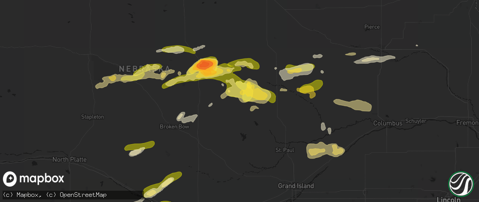Hail map in Ord, NE on June 12, 2026