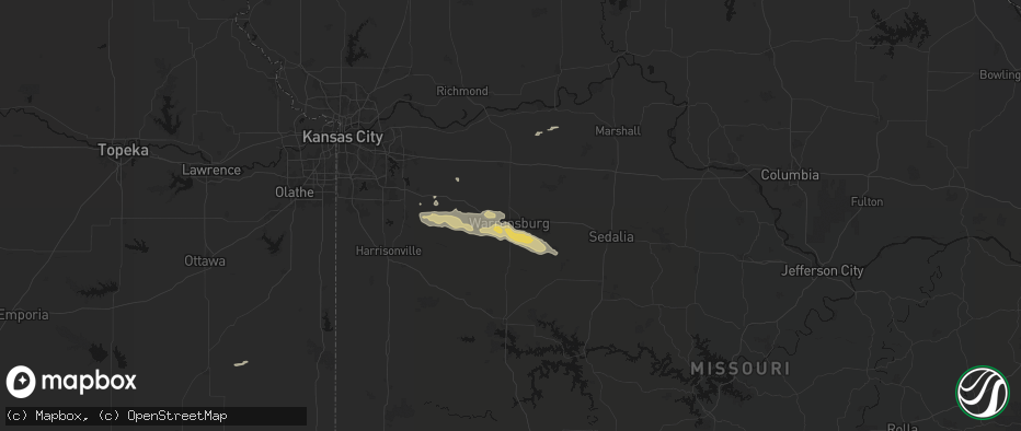 Hail map in Warrensburg, MO on June 12, 2026