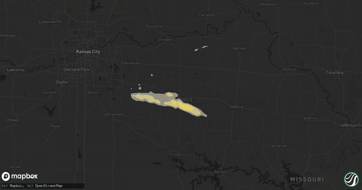 Hail map in Warrensburg, MO on June 12, 2026
