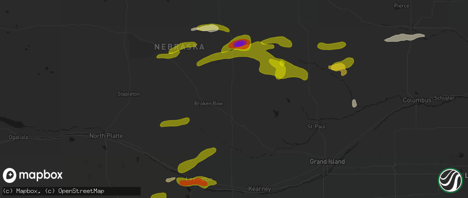 Hail map in Westerville, NE on June 12, 2026