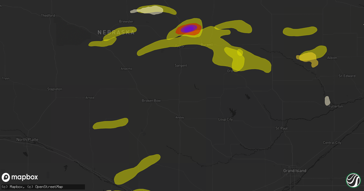 Hail map in Westerville, NE on June 12, 2026