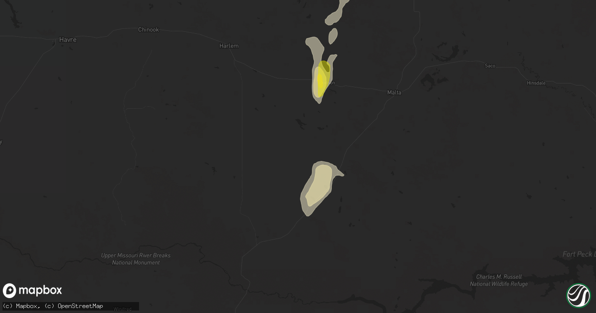 Hail map in Dodson, MT on June 13, 2020