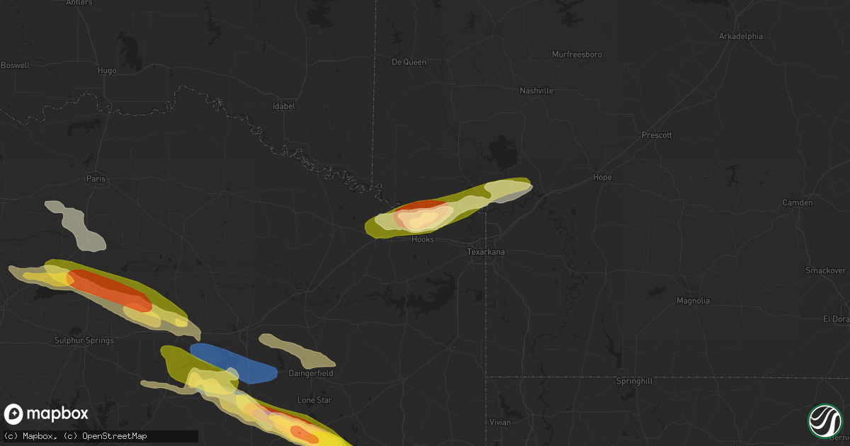Hail map in Hooks, TX on June 13, 2023