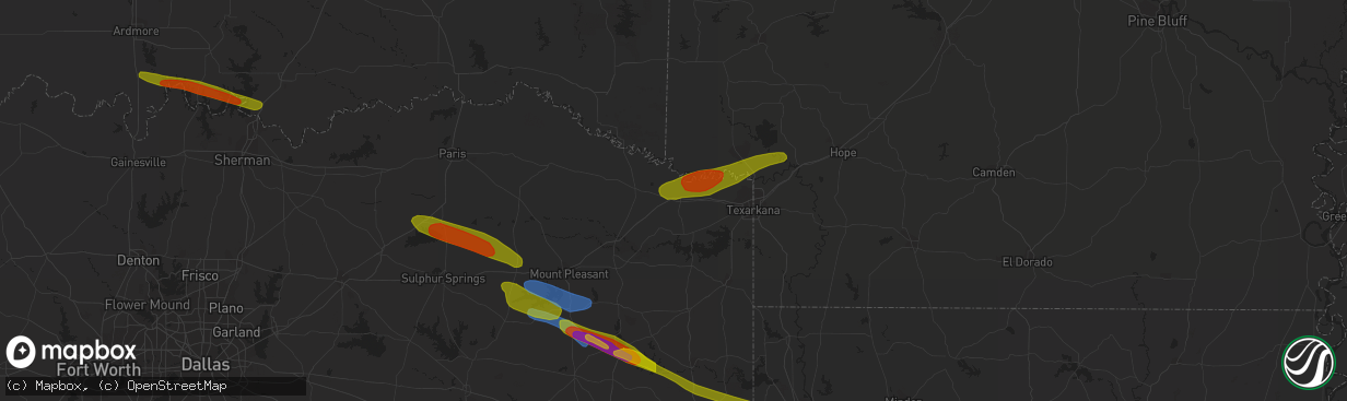 Hail map in New Boston, TX on June 13, 2023