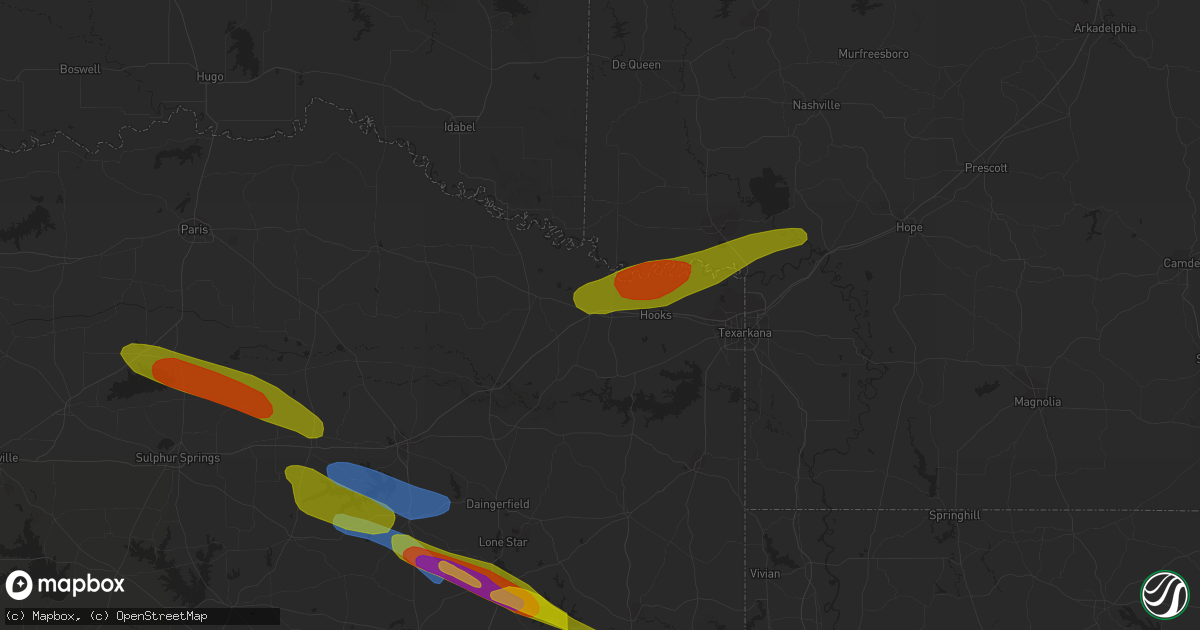 Hail map in New Boston, TX on June 13, 2023