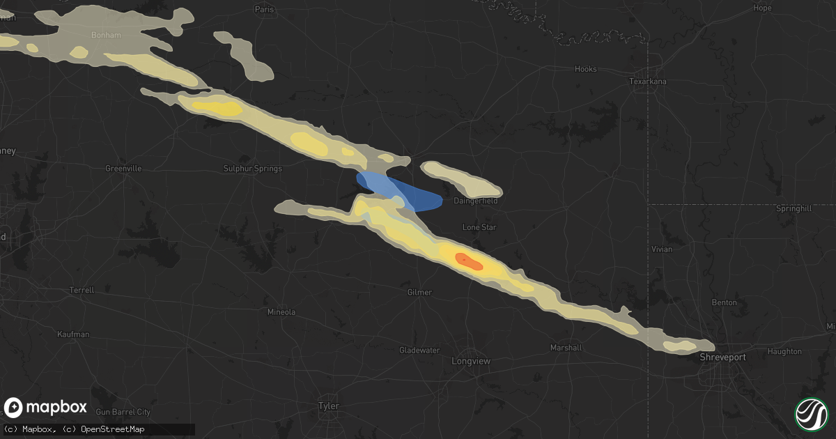 Hail map in Pittsburg, TX on June 13, 2023