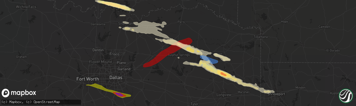 Hail map in Sulphur Springs, TX on June 13, 2023